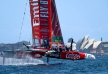 Emirates Great Britain SailGP Team helmed by Dylan Fletcher in action in front of the Sydney Opera House
