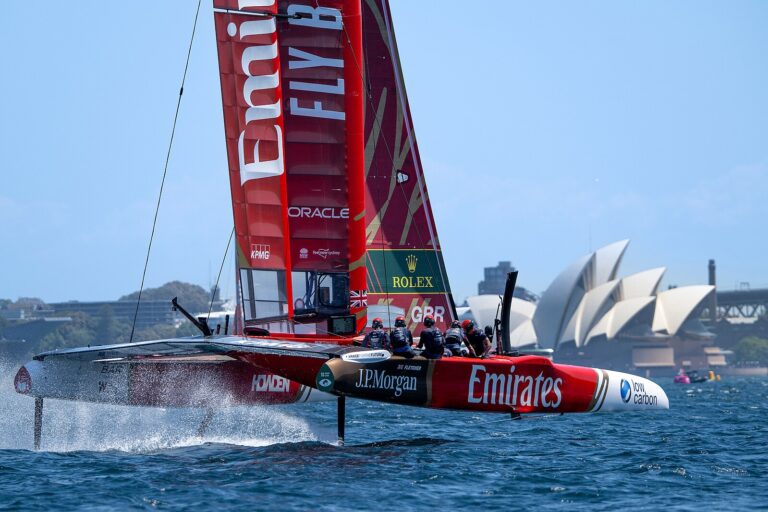 Emirates Great Britain SailGP Team helmed by Dylan Fletcher in action in front of the Sydney Opera House